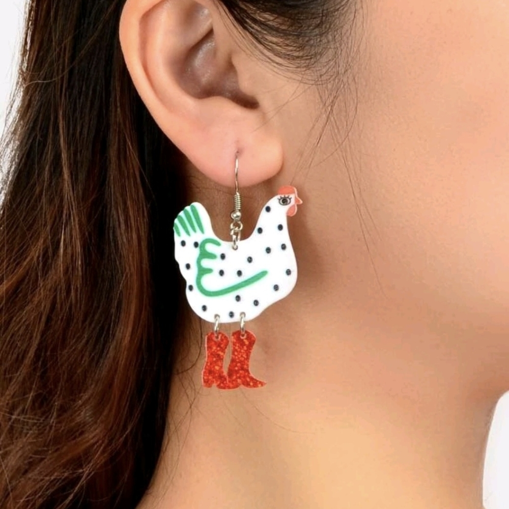White Rooster With Shiny Boots Acrylic Earings